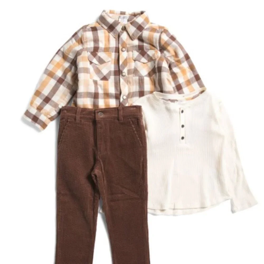 NWT MAX STUDIO Boys 3pc Plaid Shacket Top and Corduroy Pants Set